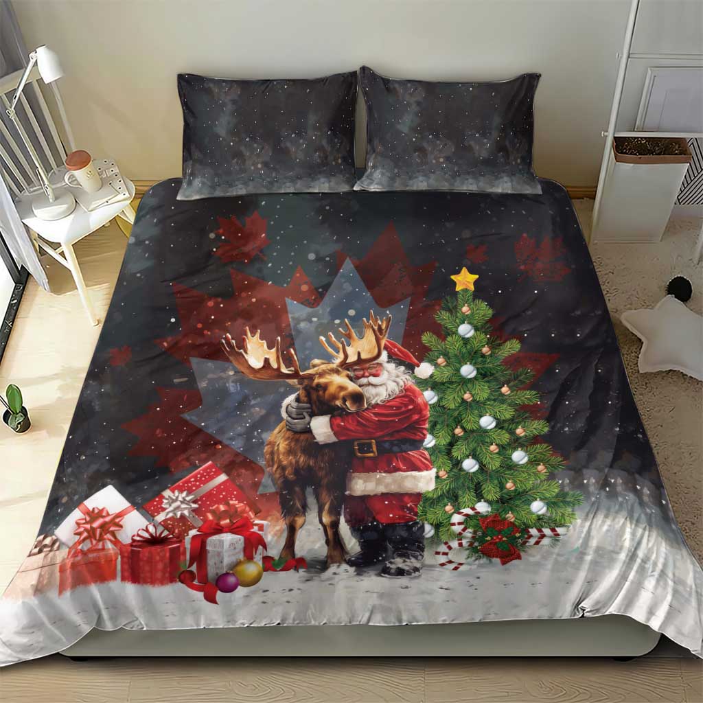 Black Christmas duvet set featuring Santa hugging a moose, tree lights, and gifts print.