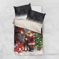 Black Christmas bedding set with Santa hugging a moose, fir tree, and wrapped presents.