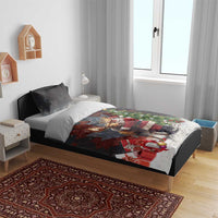 Black Christmas duvet cover with Santa hugging a moose, holiday tree, and gift details.