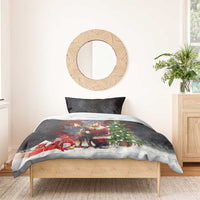 Black Christmas bedding set with Santa and moose hug, fir tree, and holiday gift scene.