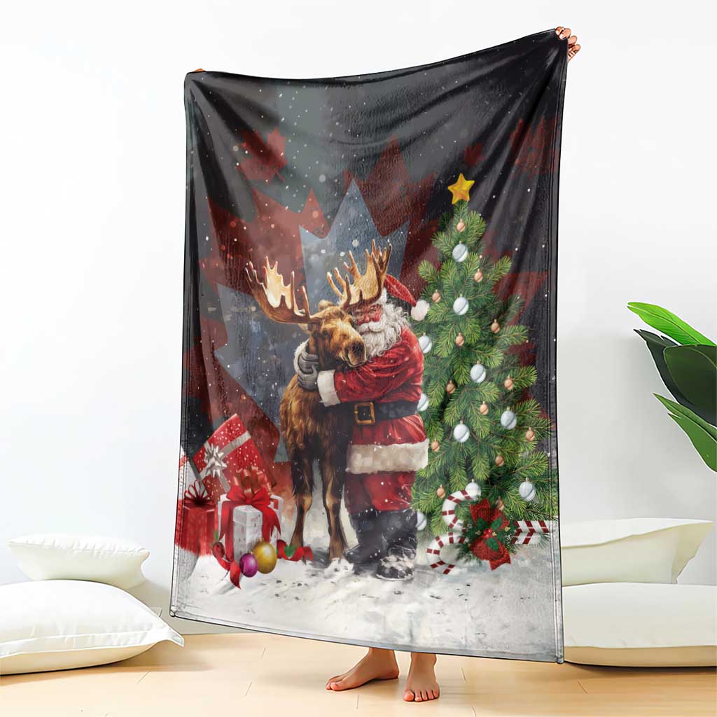 Christmas blanket shown open, with moose dressed as Santa and holiday gifts, black and white