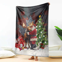 Christmas blanket shown open, with moose dressed as Santa and holiday gifts, black and white