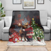 Christmas throw blanket with Santa-hugging moose, decorated tree, stars and gifts, black and white