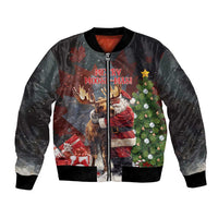 Black unisex bomber jacket with front zipper and Santa hugging moose graphic, ribbed cuffs