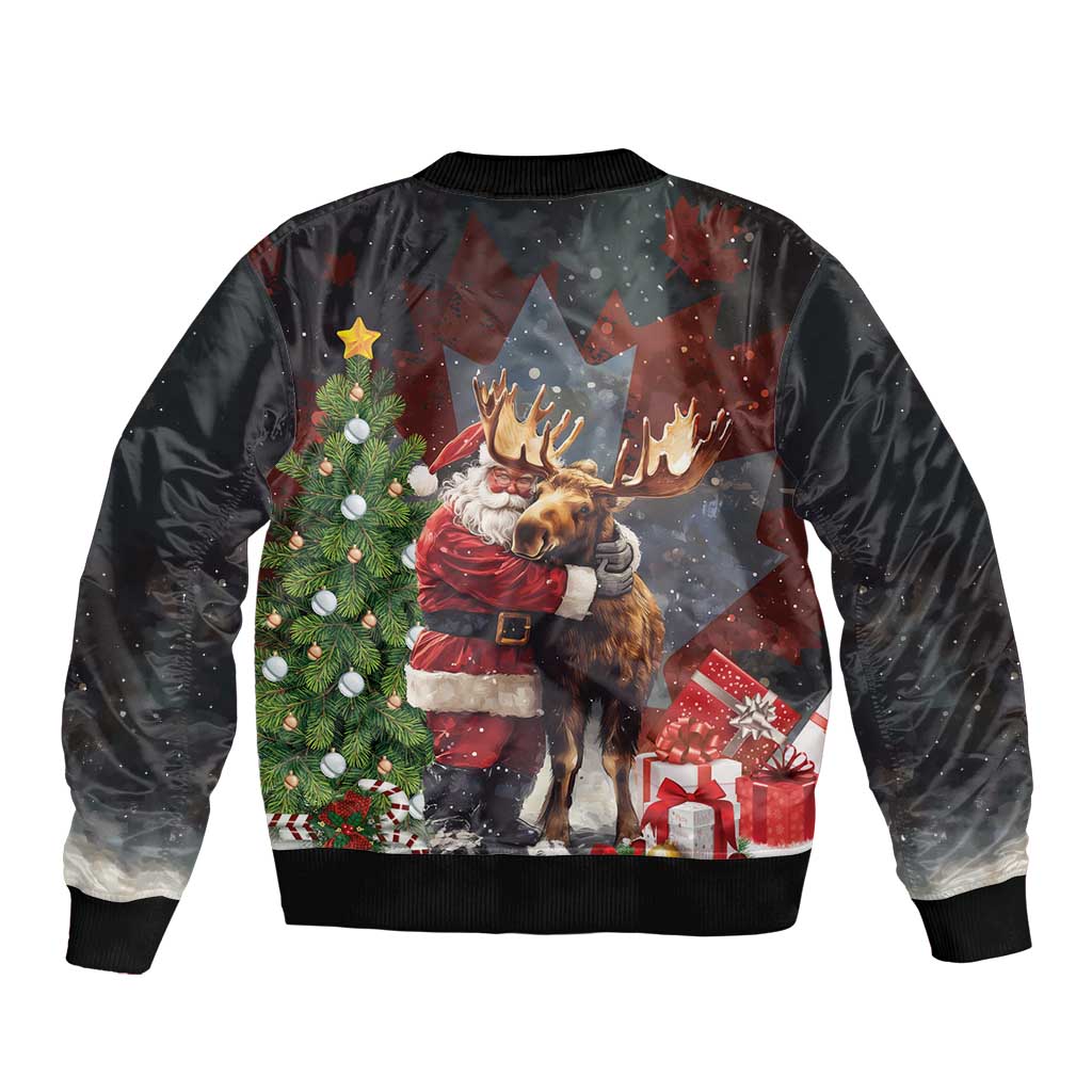 Black unisex bomber jacket with Santa-moose, Christmas tree and gifts print, ribbed hem
