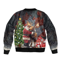 Black unisex bomber jacket with Santa-moose, Christmas tree and gifts print, ribbed hem