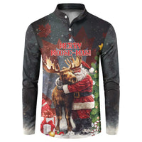 Black button-front sweatshirt with Merry Moose-Mas graphic, moose hugging Santa