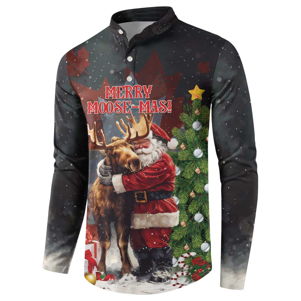 Black long-sleeve henley sweatshirt with Merry Moose-Mas moose and Santa print