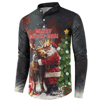 Black long-sleeve henley sweatshirt with Merry Moose-Mas moose and Santa print