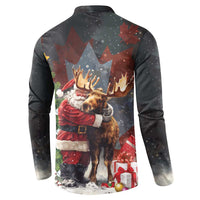 Dark sweatshirt with back graphic of moose hugging Santa, antlers and snowflakes
