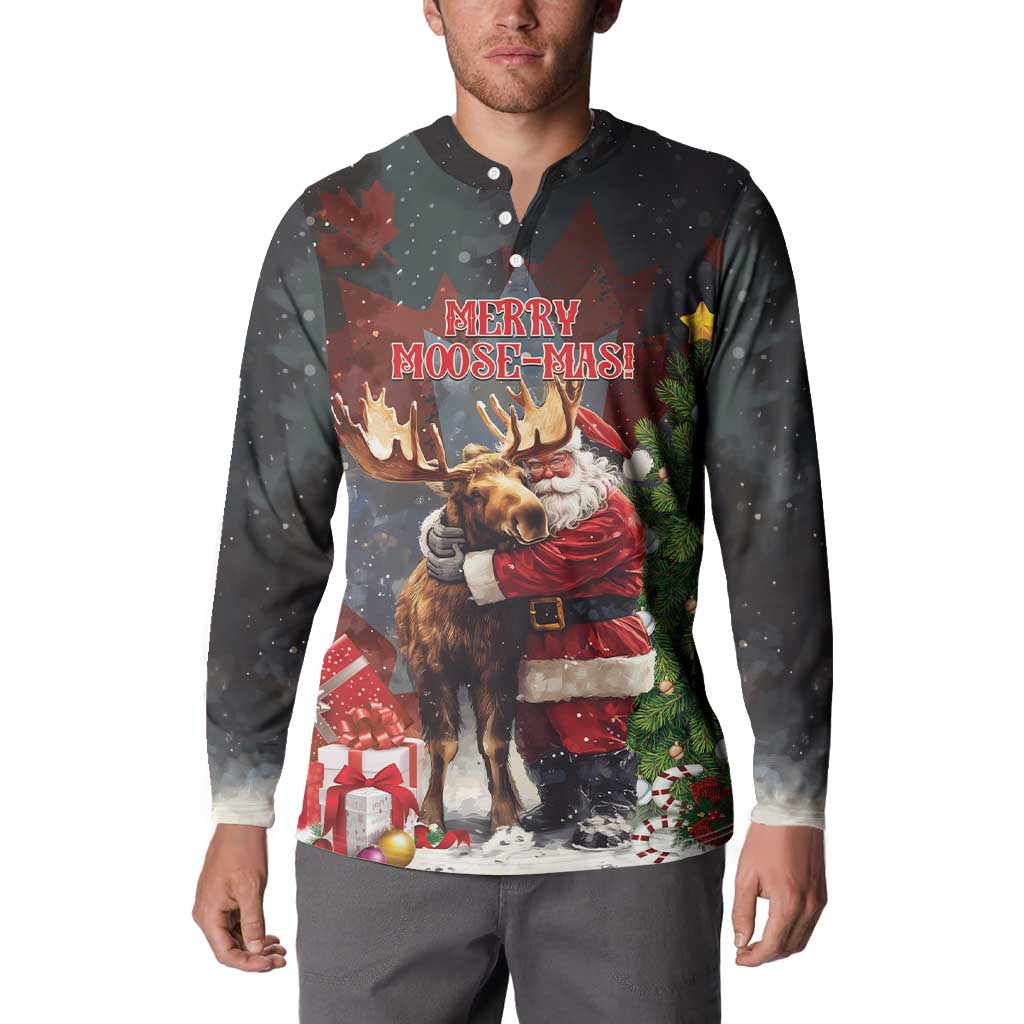 Black button-front sweatshirt on model, Merry Moose-Mas moose hugging Santa print