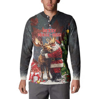 Black button-front sweatshirt on model, Merry Moose-Mas moose hugging Santa print