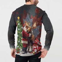 Black sweatshirt back graphic with moose hugging Santa, pine branches and gifts