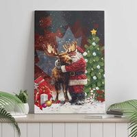 Canvas wall art of Santa hugging a moose with decorated tree and falling snow
