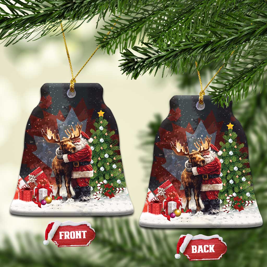 Black ceramic Christmas ornament shaped like a tree, Santa hugging a moose; front and back tags.