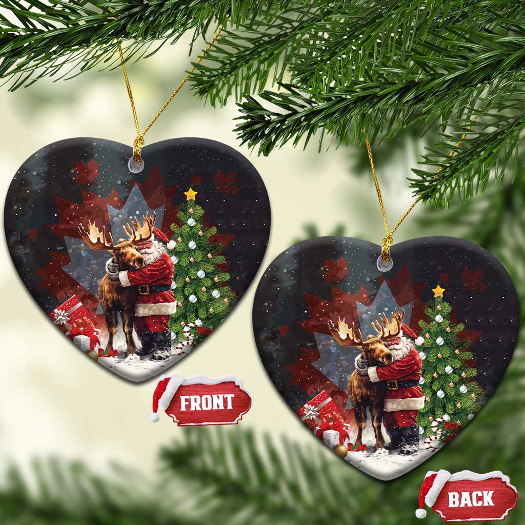 Black ceramic Christmas ornament shaped like a heart, Santa hugging a moose with holiday decor.