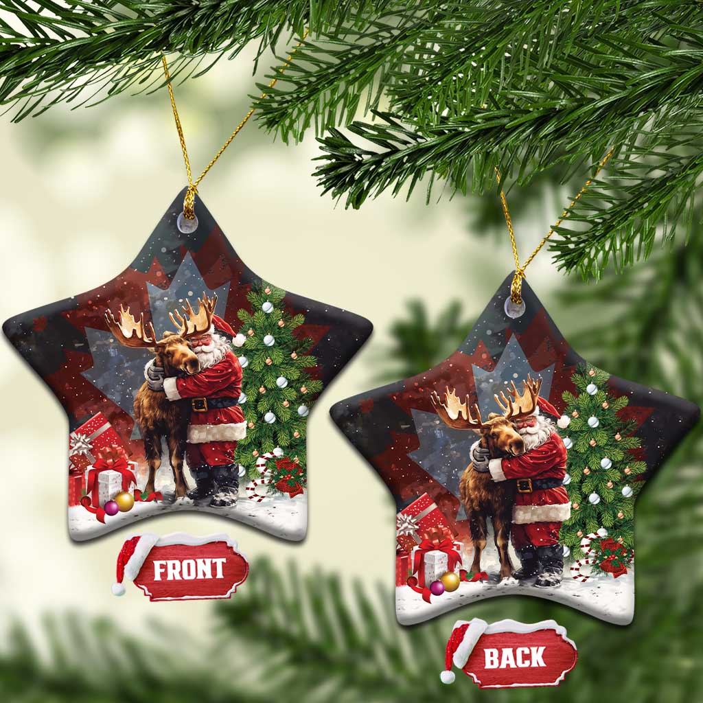 Black ceramic Christmas ornament shaped like a tree, Santa hugging a moose; two views.