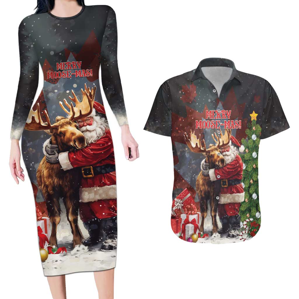 Christmas Canada Couples Matching Long Sleeve Bodycon Dress and Hawaiian Shirt Merry Moose-Mas Santa Hugging A Moose - Wonder Print Shop