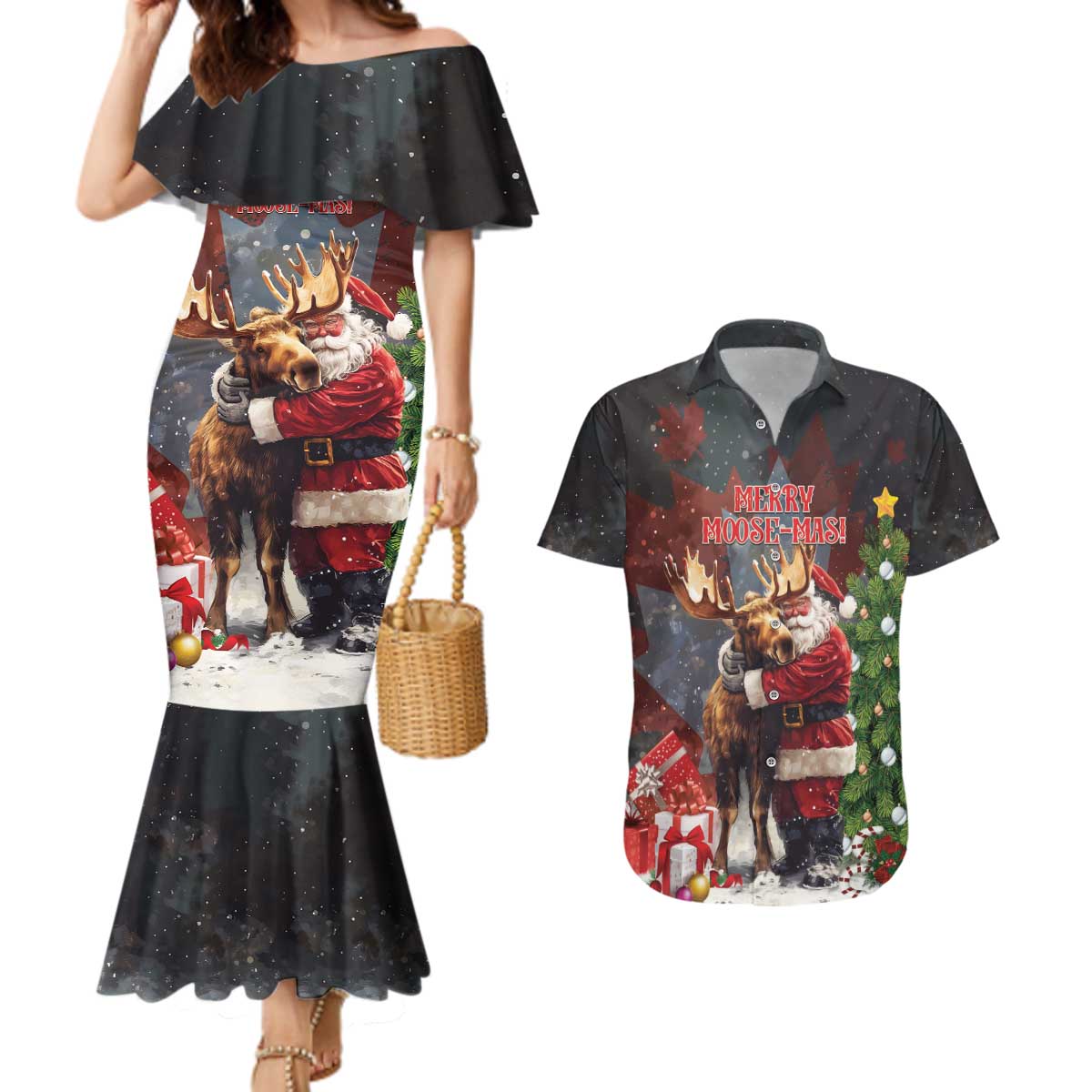 Christmas Canada Couples Matching Mermaid Dress and Hawaiian Shirt Merry Moose-Mas Santa Hugging A Moose - Wonder Print Shop