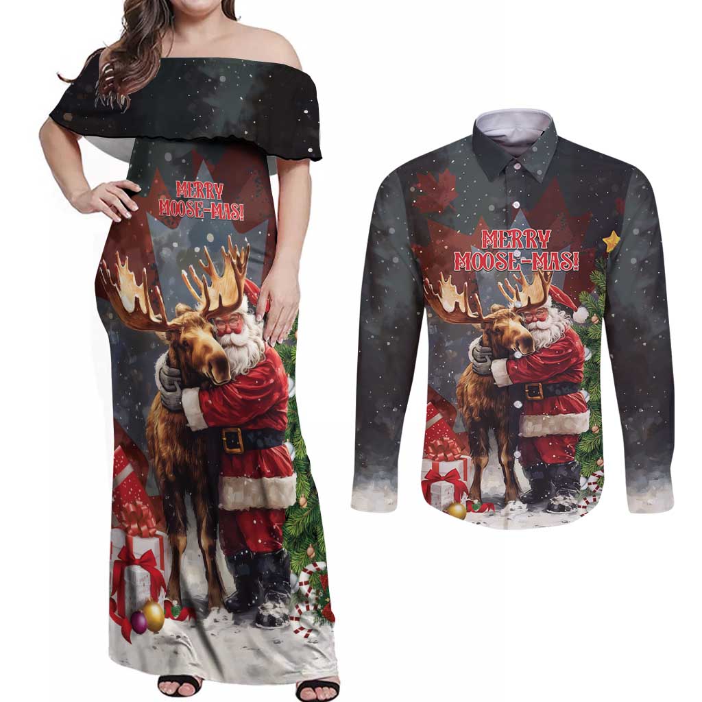 Christmas Canada Couples Matching Off Shoulder Maxi Dress and Long Sleeve Button Shirt Merry Moose-Mas Santa Hugging A Moose - Wonder Print Shop