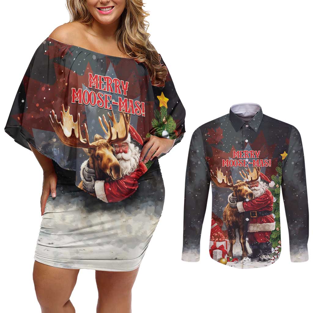 Christmas Canada Couples Matching Off Shoulder Short Dress and Long Sleeve Button Shirt Merry Moose-Mas Santa Hugging A Moose - Wonder Print Shop