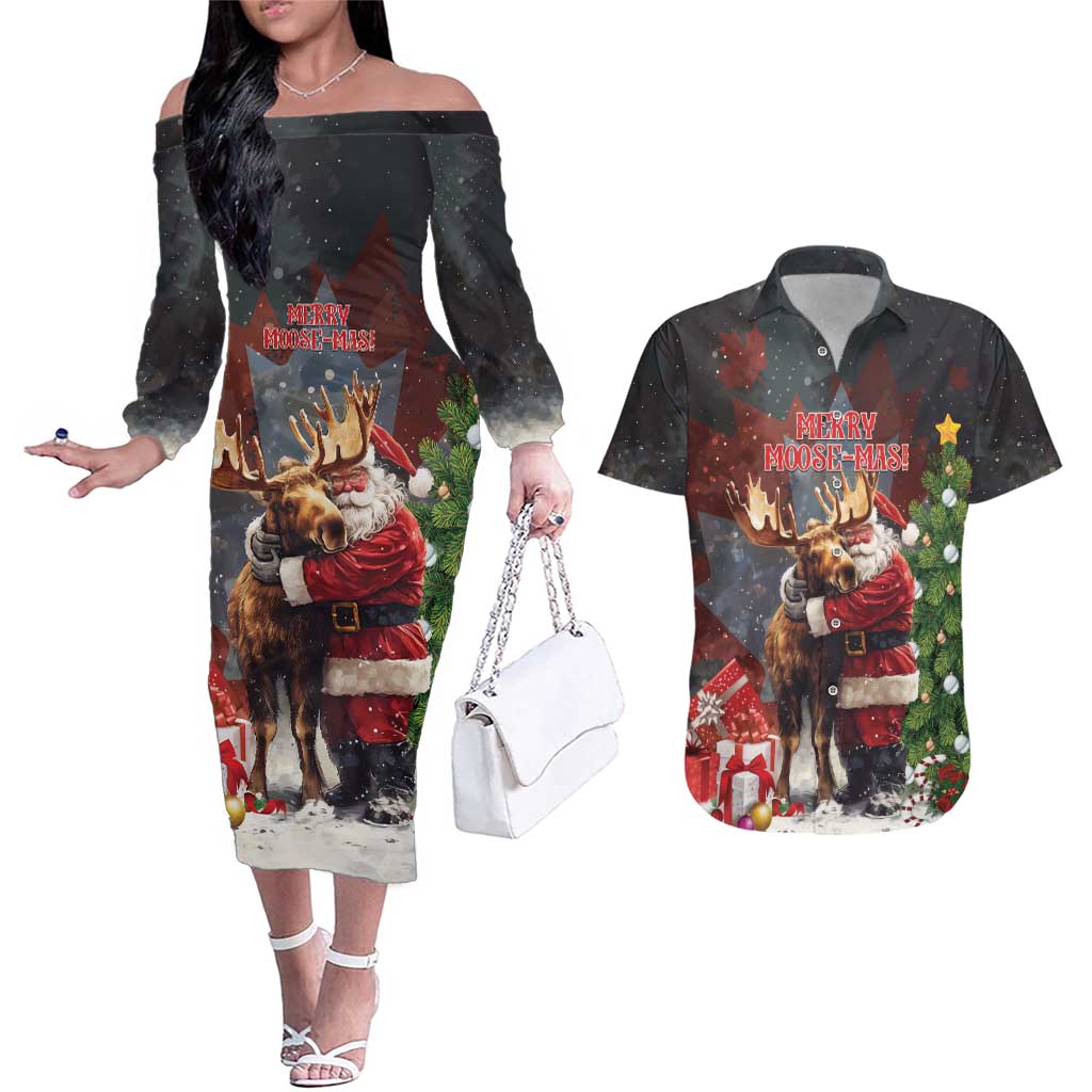 Christmas Canada Couples Matching Off The Shoulder Long Sleeve Dress and Hawaiian Shirt Merry Moose-Mas Santa Hugging A Moose - Wonder Print Shop