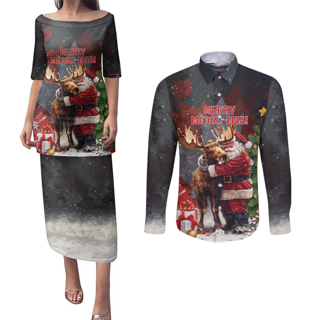 Christmas Canada Couples Matching Puletasi and Long Sleeve Button Shirt Merry Moose-Mas Santa Hugging A Moose - Wonder Print Shop