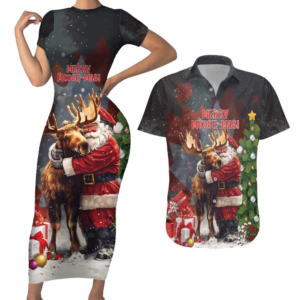 Christmas Canada Couples Matching Short Sleeve Bodycon Dress and Hawaiian Shirt Merry Moose-Mas Santa Hugging A Moose - Wonder Print Shop