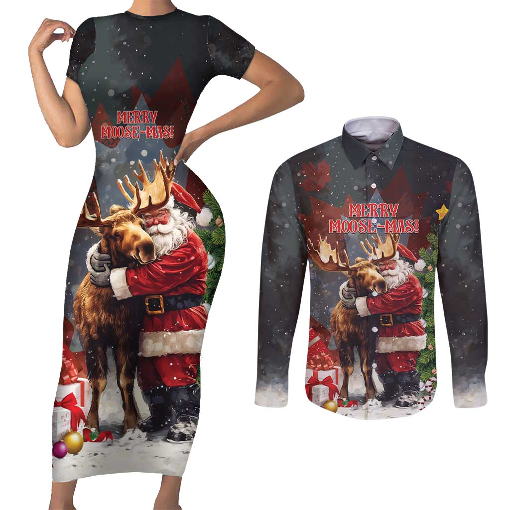 Christmas Canada Couples Matching Short Sleeve Bodycon Dress and Long Sleeve Button Shirt Merry Moose-Mas Santa Hugging A Moose - Wonder Print Shop