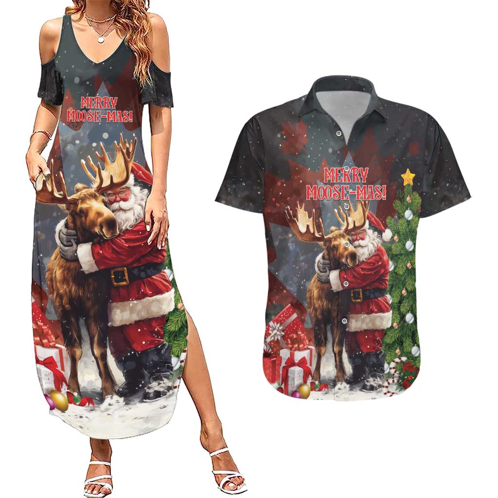 Christmas Canada Couples Matching Summer Maxi Dress and Hawaiian Shirt Merry Moose-Mas Santa Hugging A Moose - Wonder Print Shop