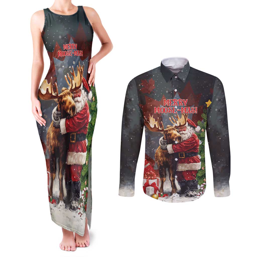 Christmas Canada Couples Matching Tank Maxi Dress and Long Sleeve Button Shirt Merry Moose-Mas Santa Hugging A Moose - Wonder Print Shop