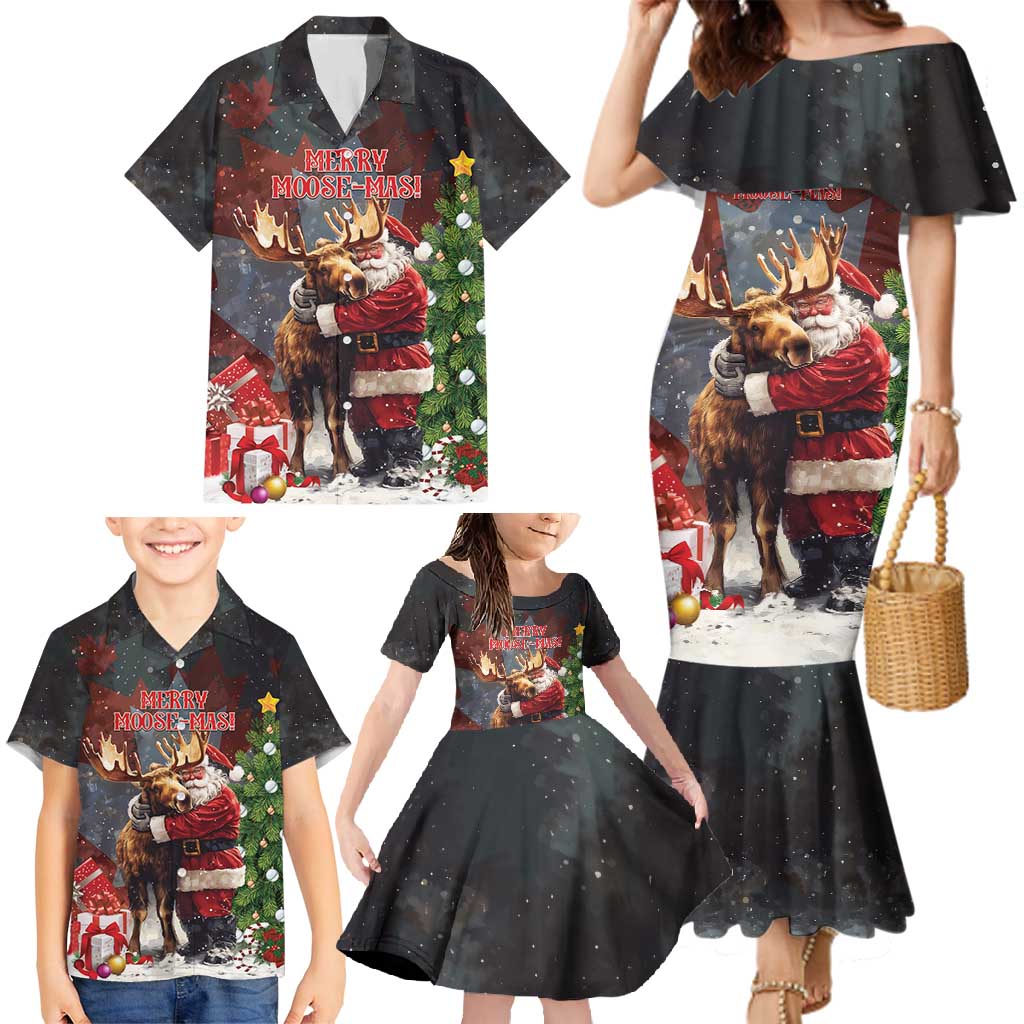 Christmas Canada Family Matching Mermaid Dress and Hawaiian Shirt Merry Moose-Mas Santa Hugging A Moose - Wonder Print Shop