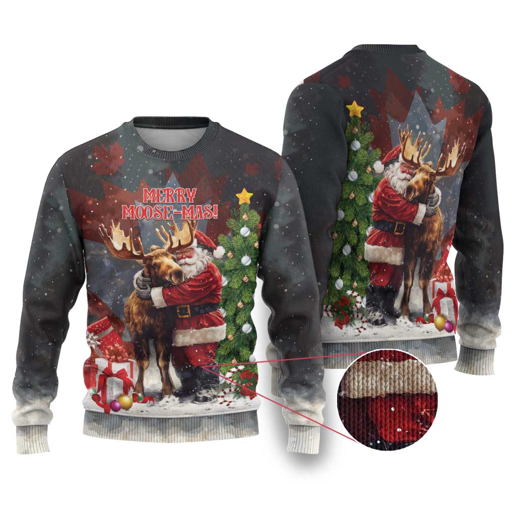 Christmas Canada Ugly Christmas Sweater Merry Moose-Mas Santa Hugging A Moose - Wonder Print Shop