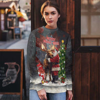 Black Christmas sweater worn by model, “Merry Moose-Mas” front print with Santa hugging moose