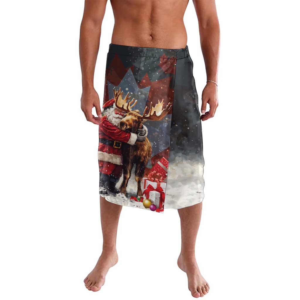 Men's black lavalava wrap skirt with Santa-hugging moose Christmas graphic