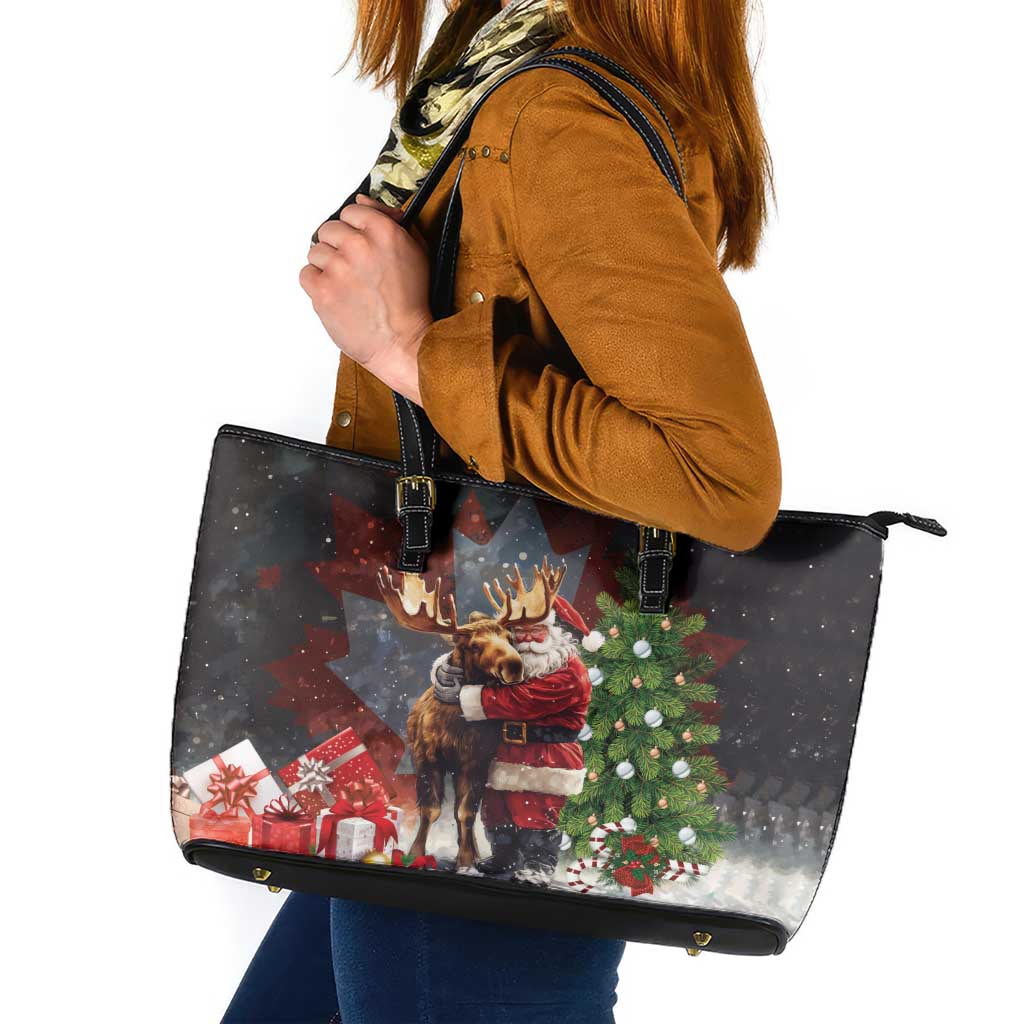 Christmas Canada Leather Tote Bag Merry Moose-Mas Santa Hugging A Moose - Wonder Print Shop