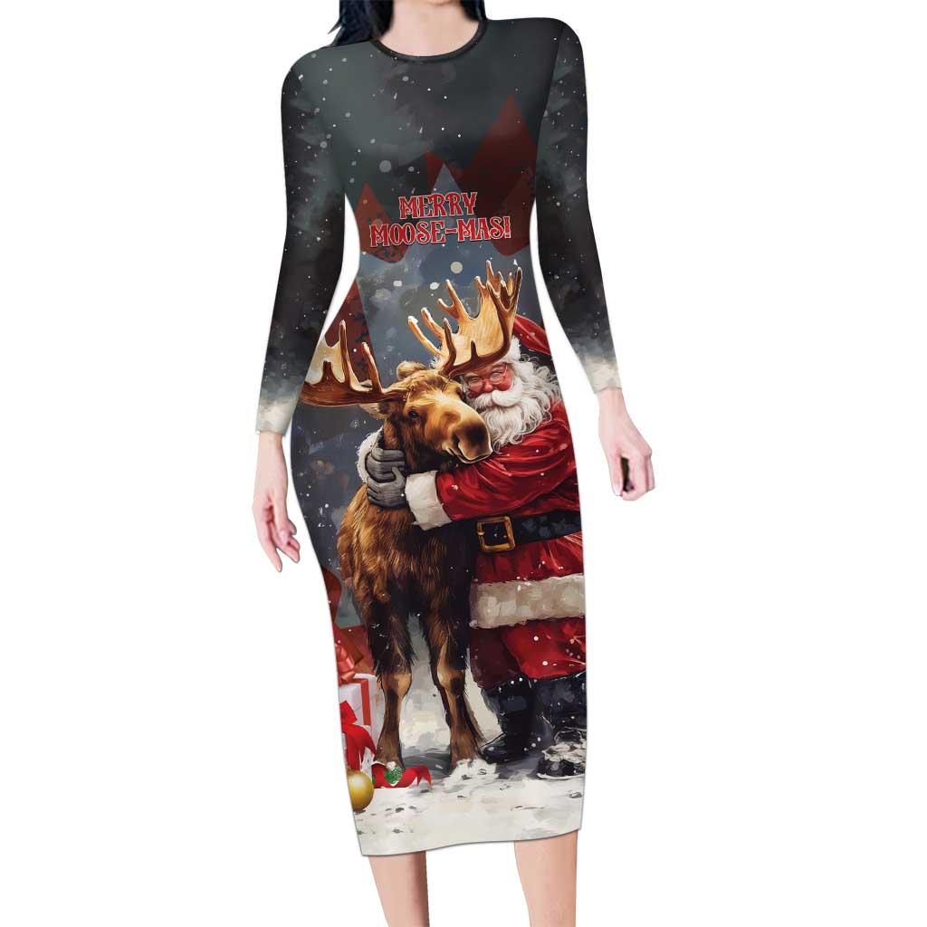 Christmas Canada Long Sleeve Bodycon Dress Merry Moose-Mas Santa Hugging A Moose - Wonder Print Shop