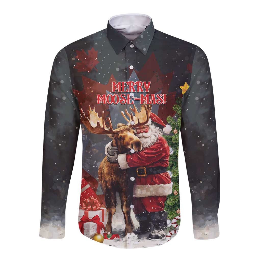 Black long-sleeve button shirt with Merry Moose-Mas Santa hugging moose graphic