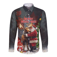 Black long-sleeve button shirt with Merry Moose-Mas Santa hugging moose graphic