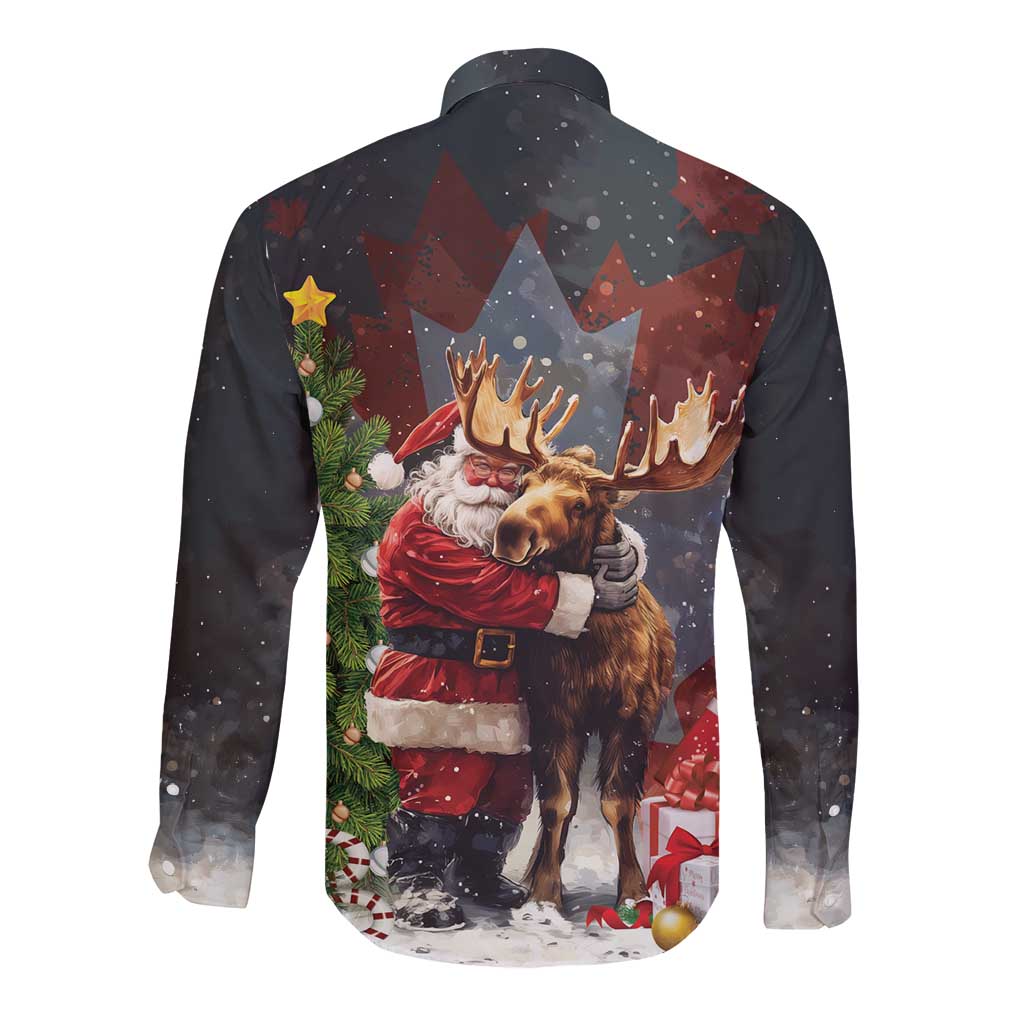 Black long-sleeve button shirt with Santa and moose on back print with stars