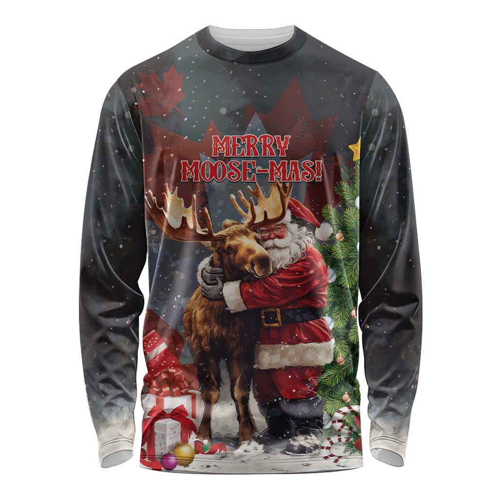 Christmas Canada Long Sleeve Shirt Merry Moose-Mas Santa Hugging A Moose - Wonder Print Shop