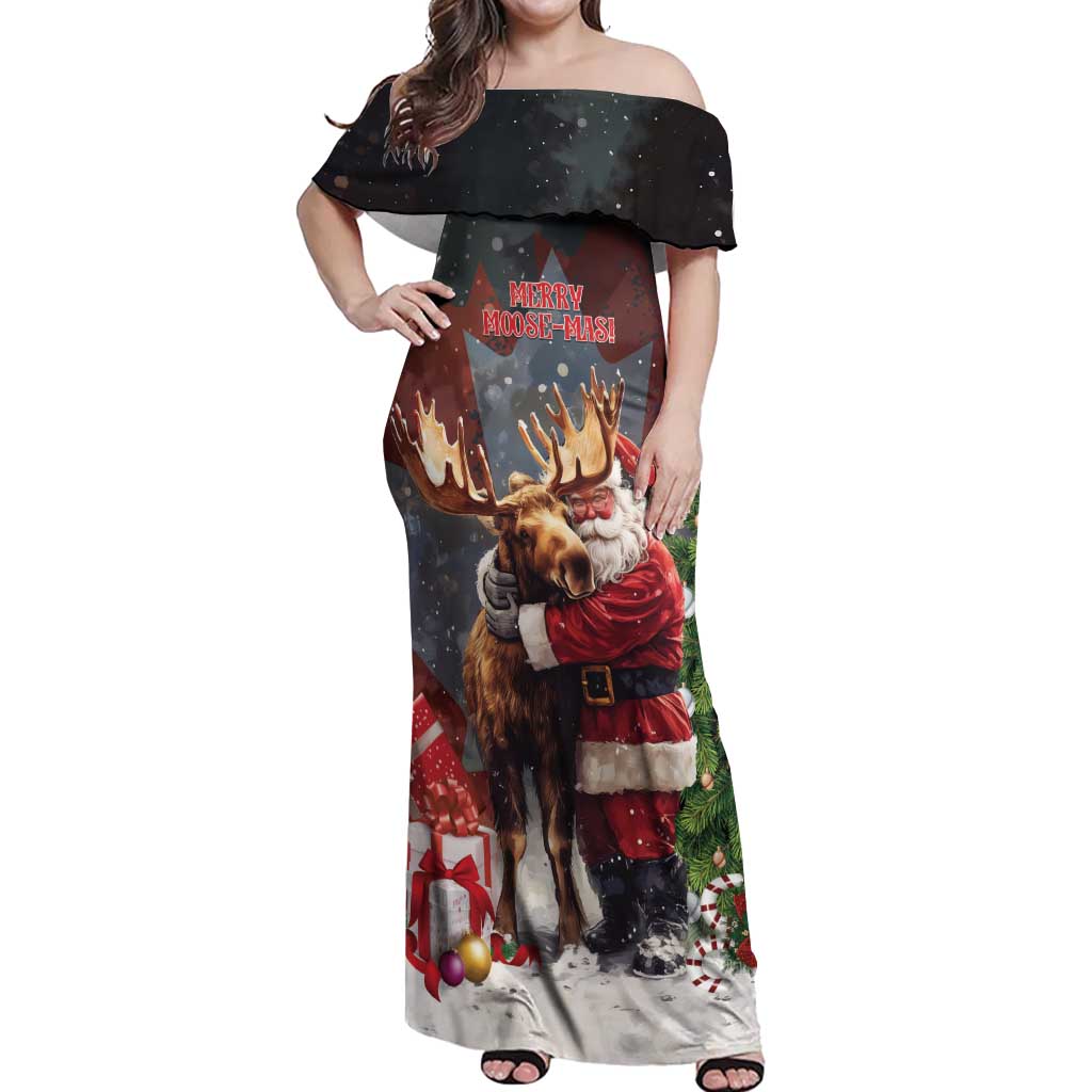 Christmas Canada Off Shoulder Maxi Dress Merry Moose-Mas Santa Hugging A Moose - Wonder Print Shop