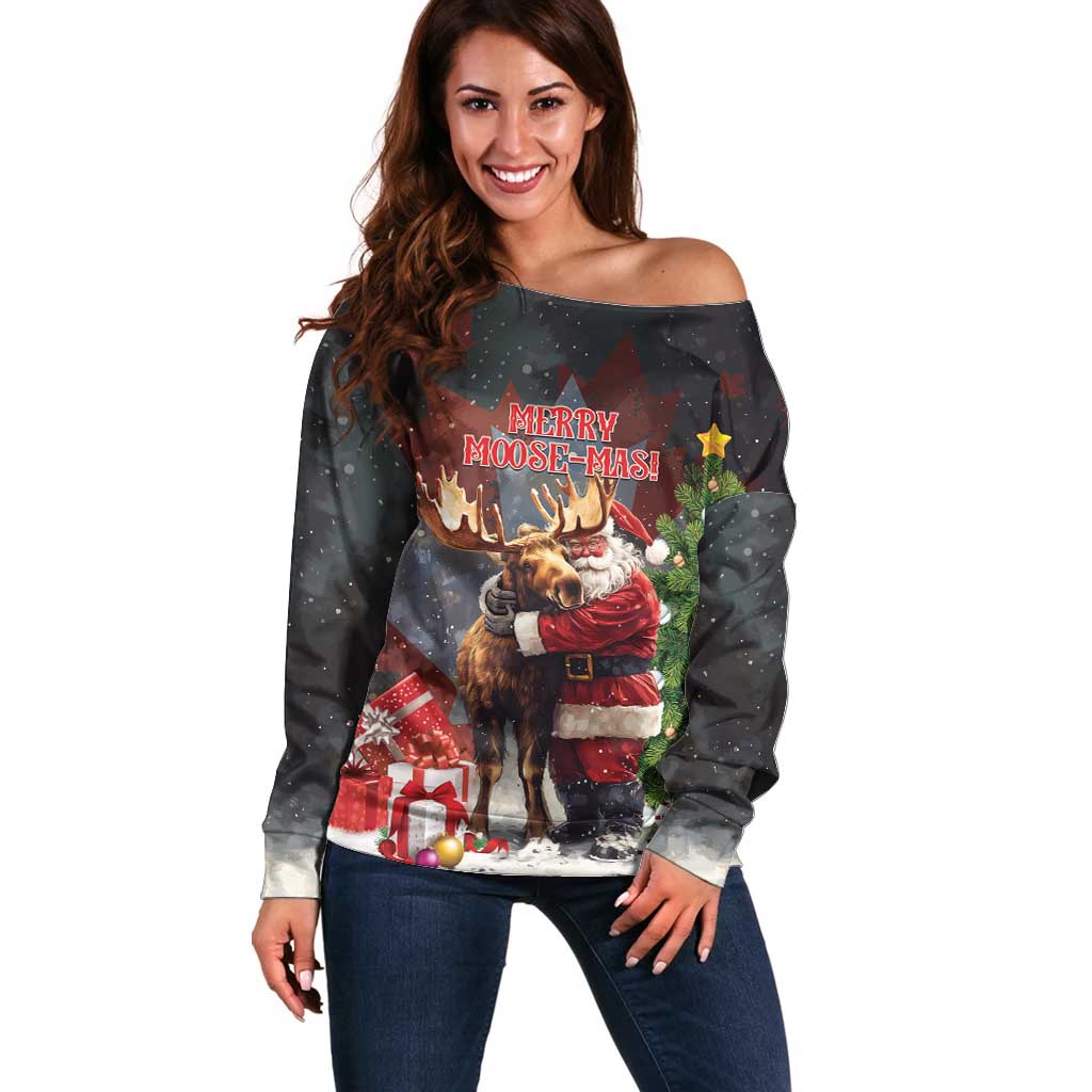 Christmas Canada Off Shoulder Sweater Merry Moose-Mas Santa Hugging A Moose - Wonder Print Shop