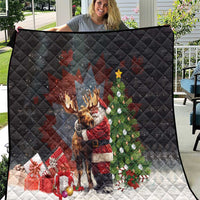 Black Christmas quilt with diamond quilting and Santa hugging a moose design