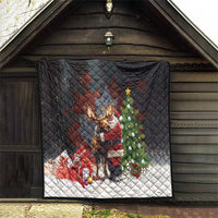 Black Christmas quilt hanging inside a porch with diamond quilting and Santa-moose design