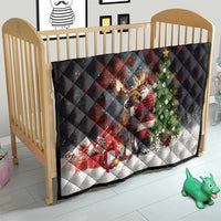 Black Christmas quilt on a wooden crib with diamond quilting and Santa hugging a moose