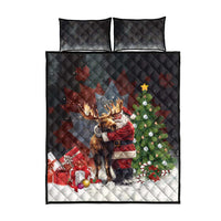 Black quilt bed set with Santa hugging a moose, pine trees and presents, with two pillows