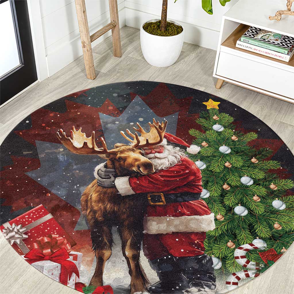 Christmas Canada Round Carpet Merry Moose-Mas Santa Hugging A Moose