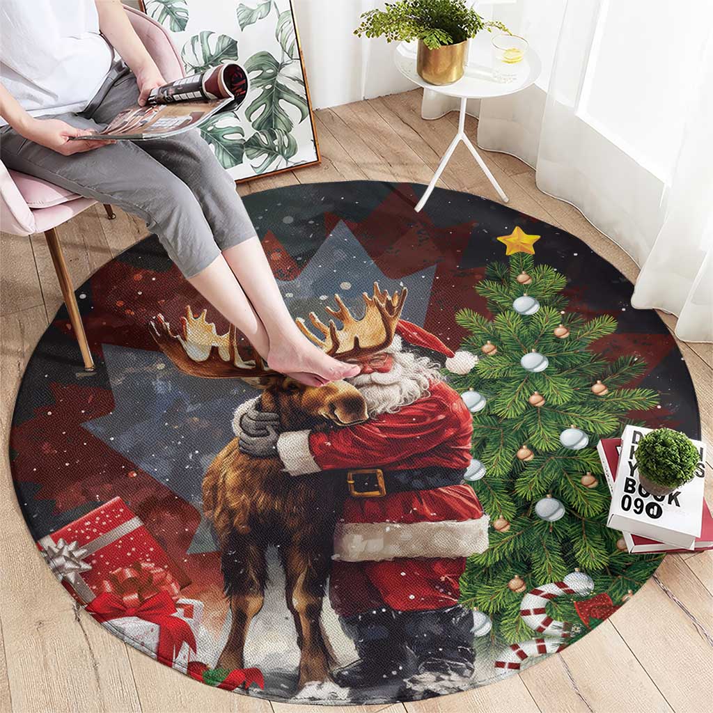 Black round Christmas rug with Santa hugging moose, pine branches, and star accents