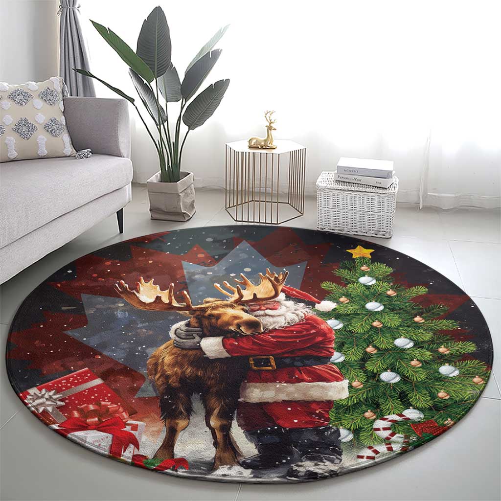 Black round Christmas area rug showing Santa, moose, pine tree, and gift elements